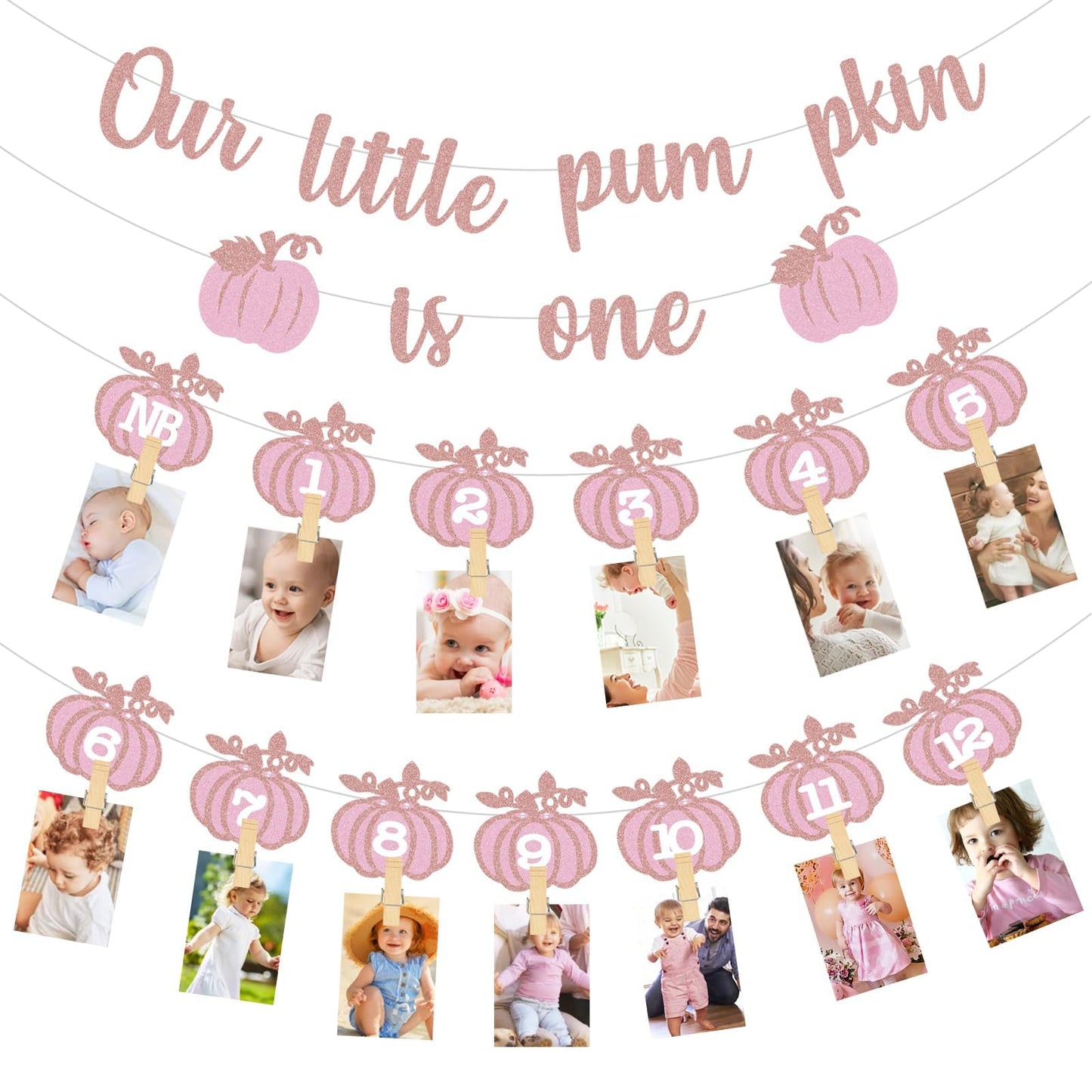 Pink Fall Pumpkin 1St Birthday Photo Banner Pumpkin Birthday Photo Banner For Newborn To 12 Months Milestone Photograph Bunting