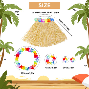 Fortuning'S Jds Girl'S Hawaiian Hula Grass Skirt With Flowers Costume Set Raffia Skirt For Luau Tropical Beach Party