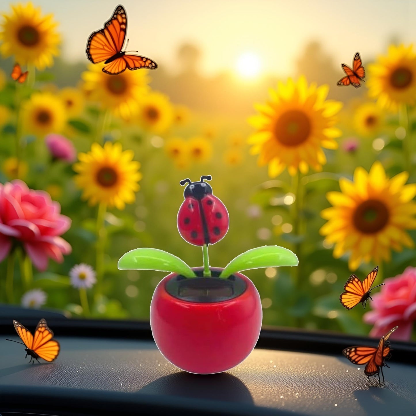 Red Seven-Starred Ladybug Solar Dancing Car Dashboard Decorations, Funny Solar Powered Dancing Flower Pot Car Ornaments Flower S