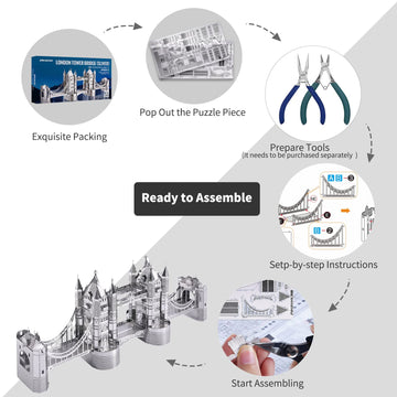 Piececool 3D Puzzles For Adults, London Tower Bridge Metal Models Kit, Famous Landmarks Architecture Building Blocks Models Kits, Diy Craft Toys Gifts For Birhtday Christmas, 65 Pcs