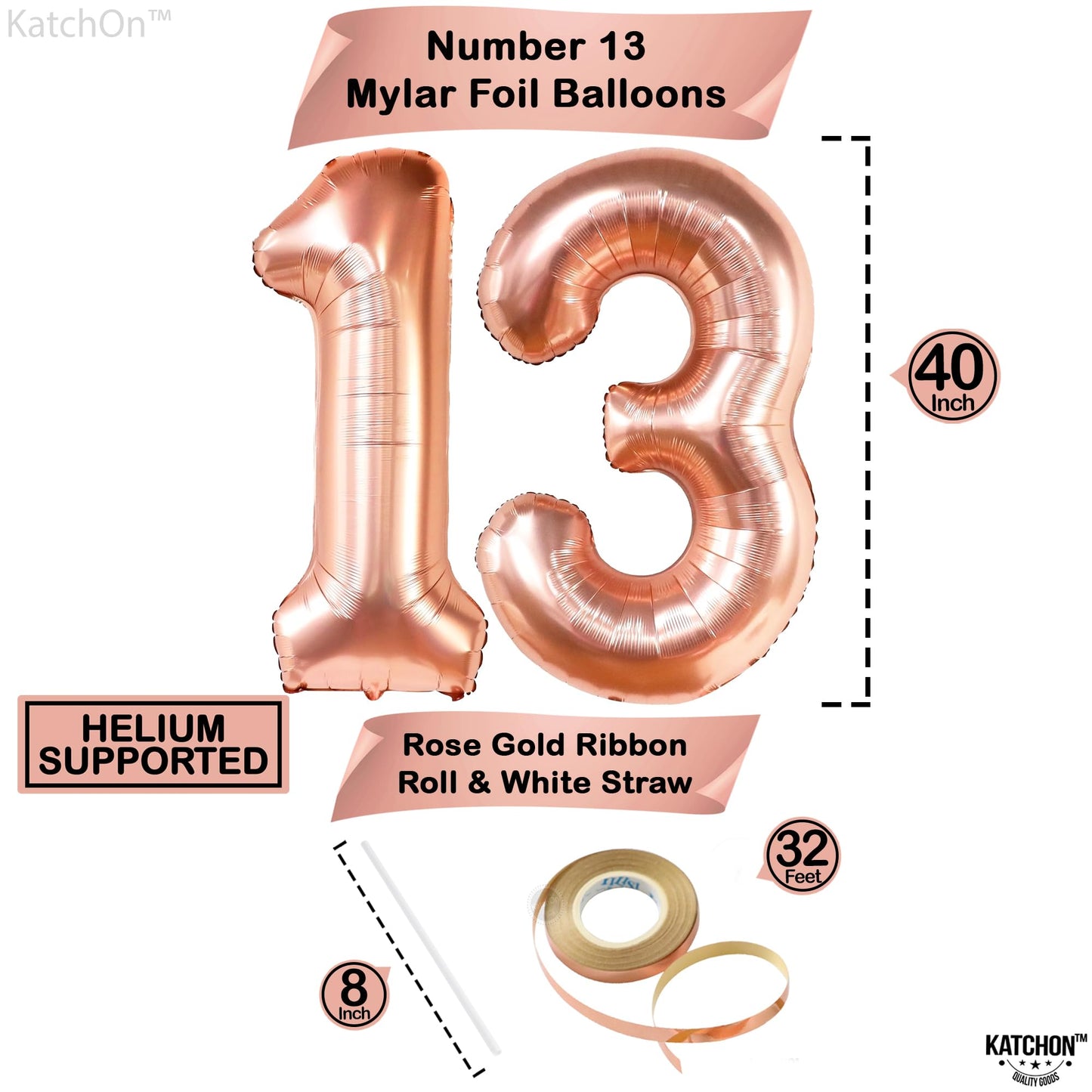 KatchOn, Rose Gold 13 Balloon Numbers - Giant, 40 Inch | 13th Birthday Decorations for Girls | 13 Rose Gold Balloons for 13 Rose