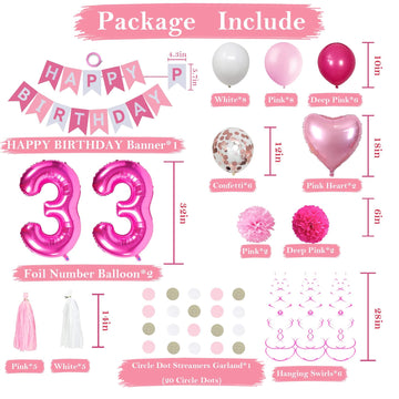 Sweet 33Rd Birthday Decorations For Women, Pink And White 33 Happy Birthday Balloons, 33Th Birthday Party Supplies Including Pin