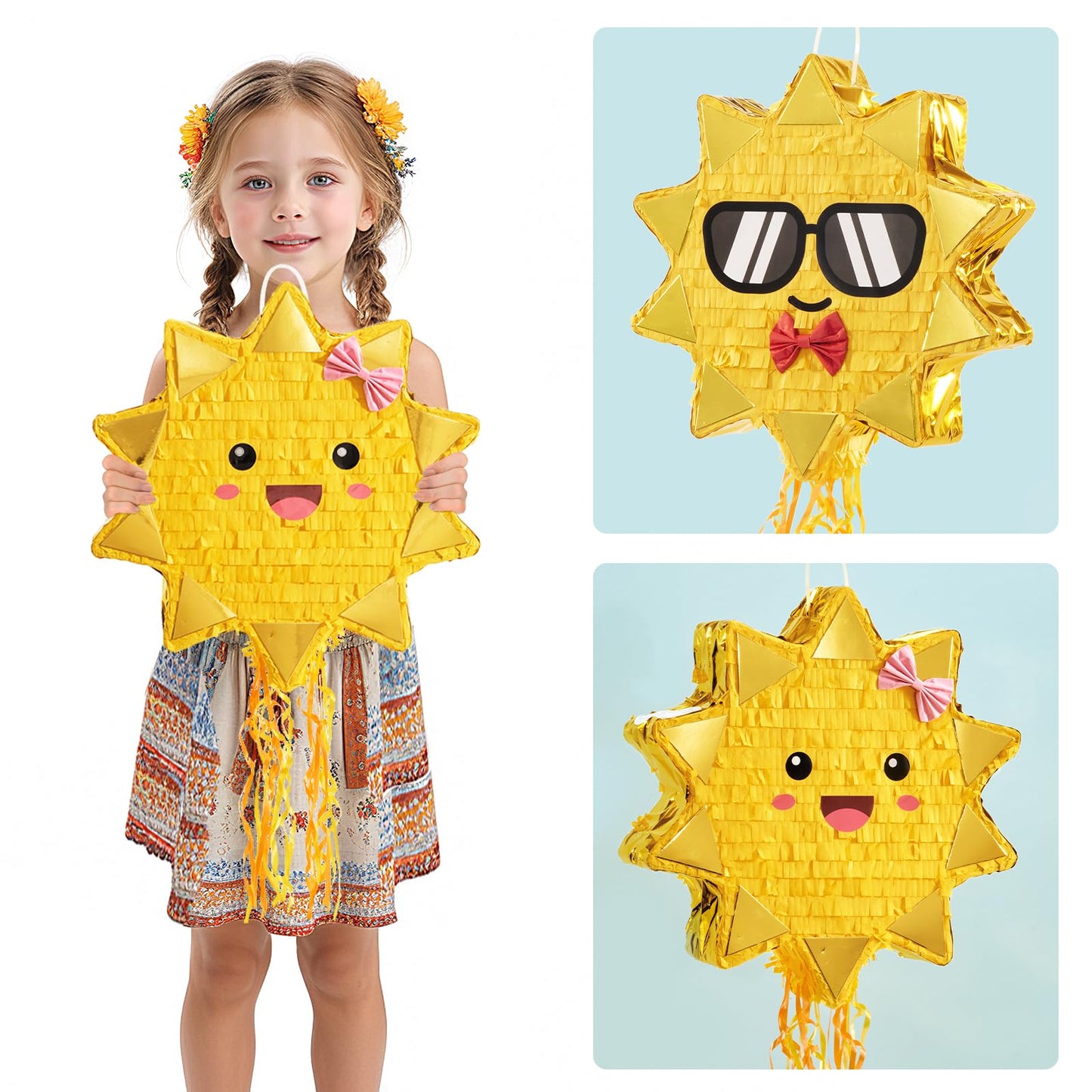WERNNSAI Sun Pinata - Pull String Sunshine Party Decoration for Kids - Yellow - Includes Blindfold and Bat for Birthday & Baby Shower