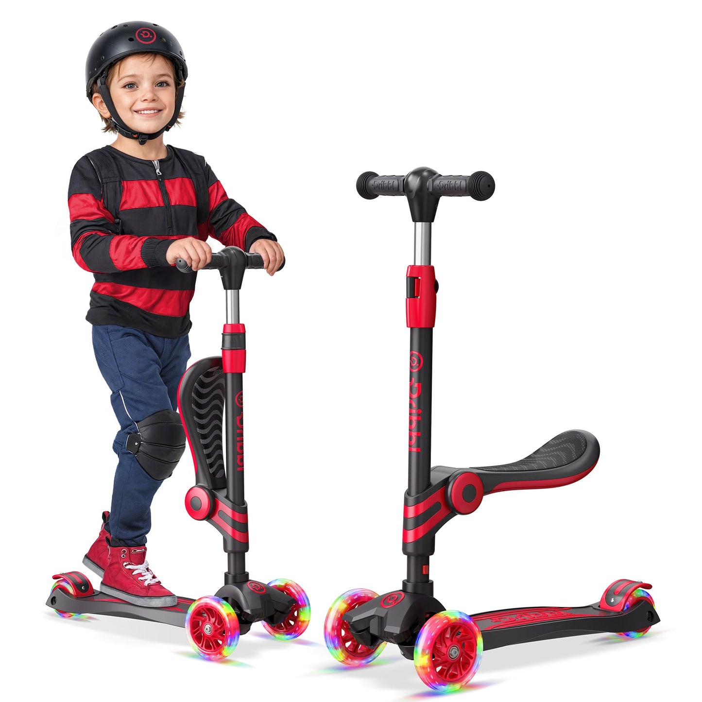 Black and Red 3 Wheel Scooter with Seat for Kids, Light-Up Wheels, Adjustable Lean to Steer Handlebar and Seat, Smooth Wheels, W
