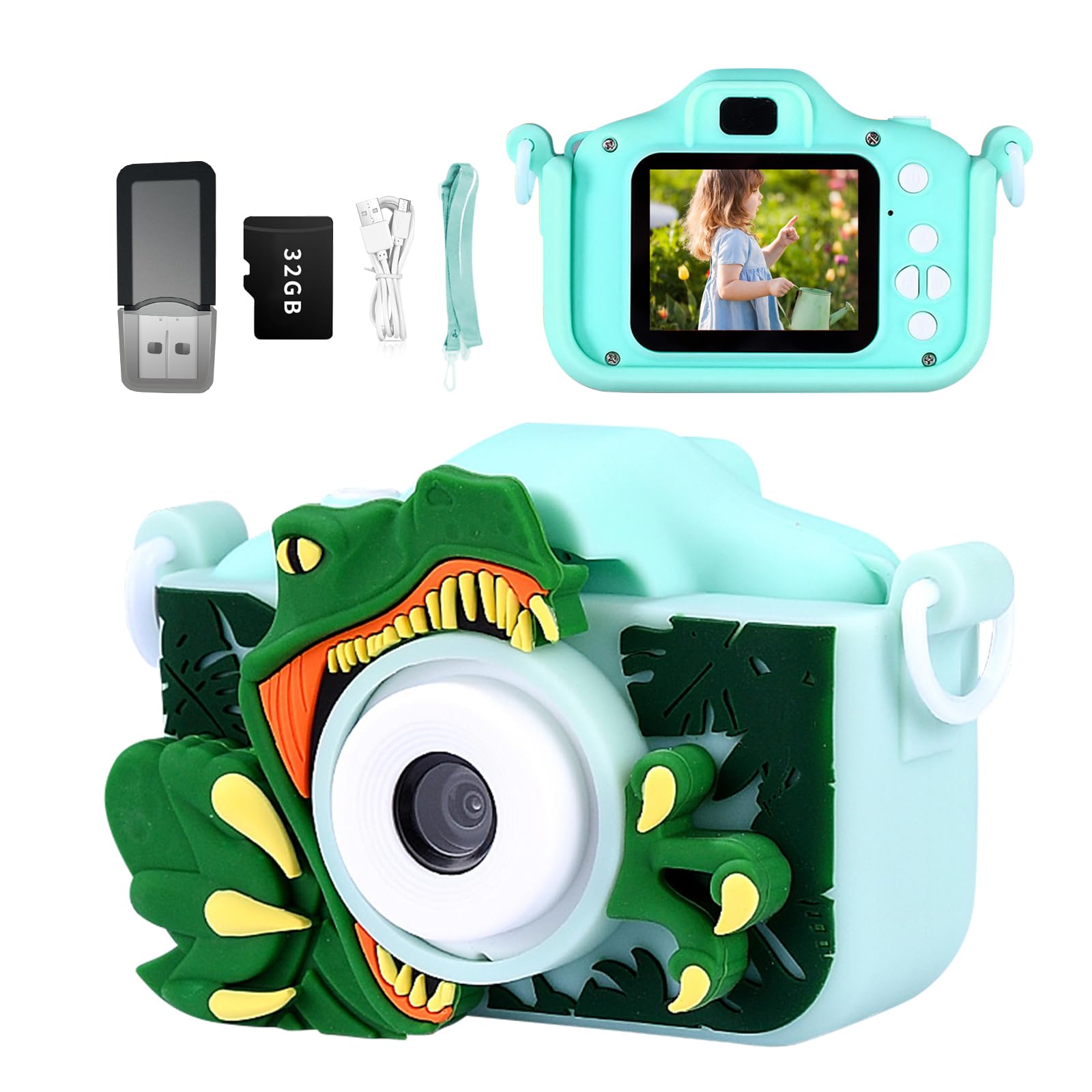 Snowall Kids Camera Toys With Green Dinosaur Camera For Kids,Cute Portable Little Boys Gifts Kids Camera Toys For 3-12 Years Old