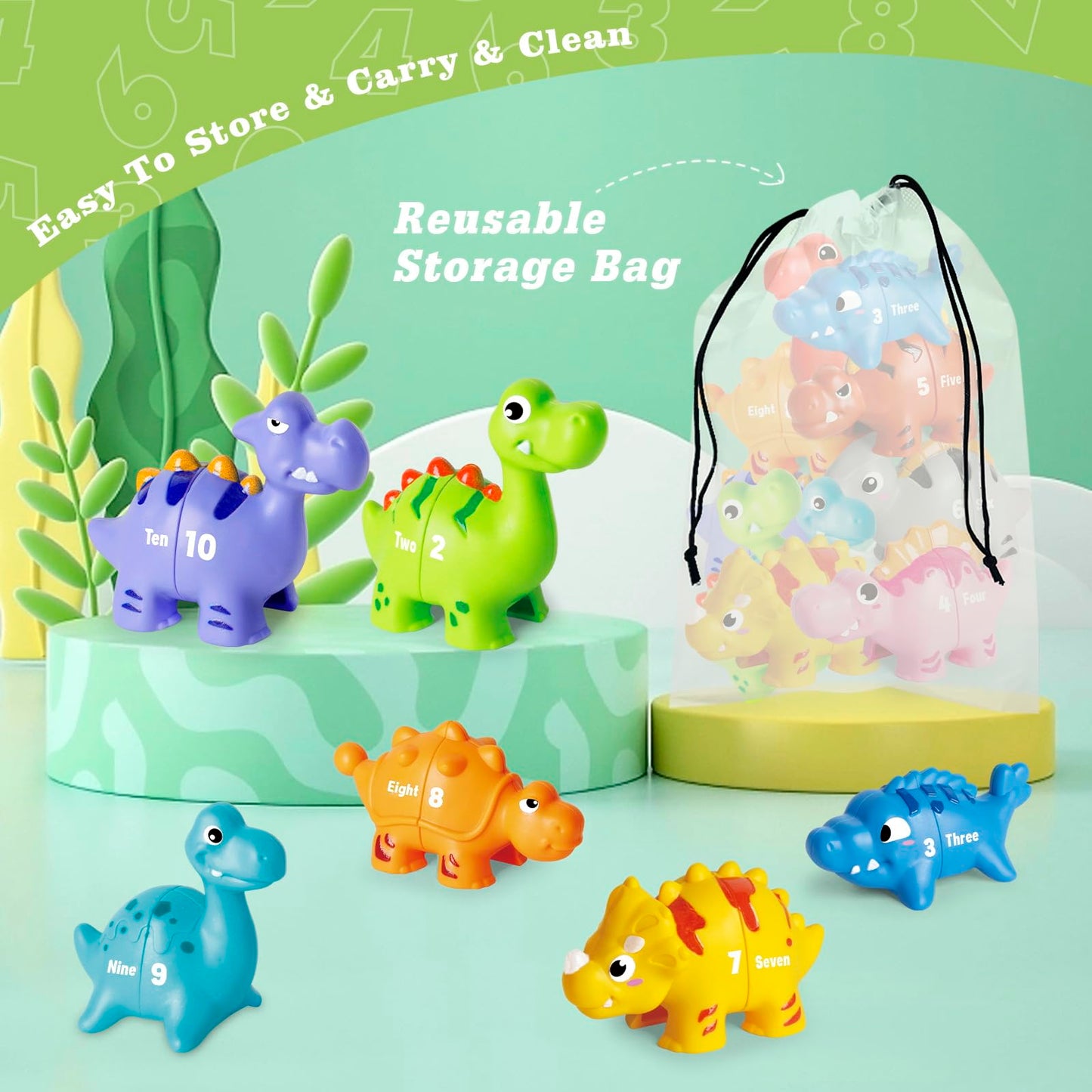 Jetbotell 20 Pcs Dinosaur Number Learning Toys For Toddlers 2-4, 10 Different Dinosaur Figures, Double Sided Number Matching Gam