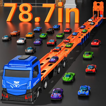 MSKOLER 78.7-Inch Racing Car Railway Truck Toy for Boys 2 3 4 5 6 7 Years Old - Transport Carrier Trucks, Foldable Tracks Storag