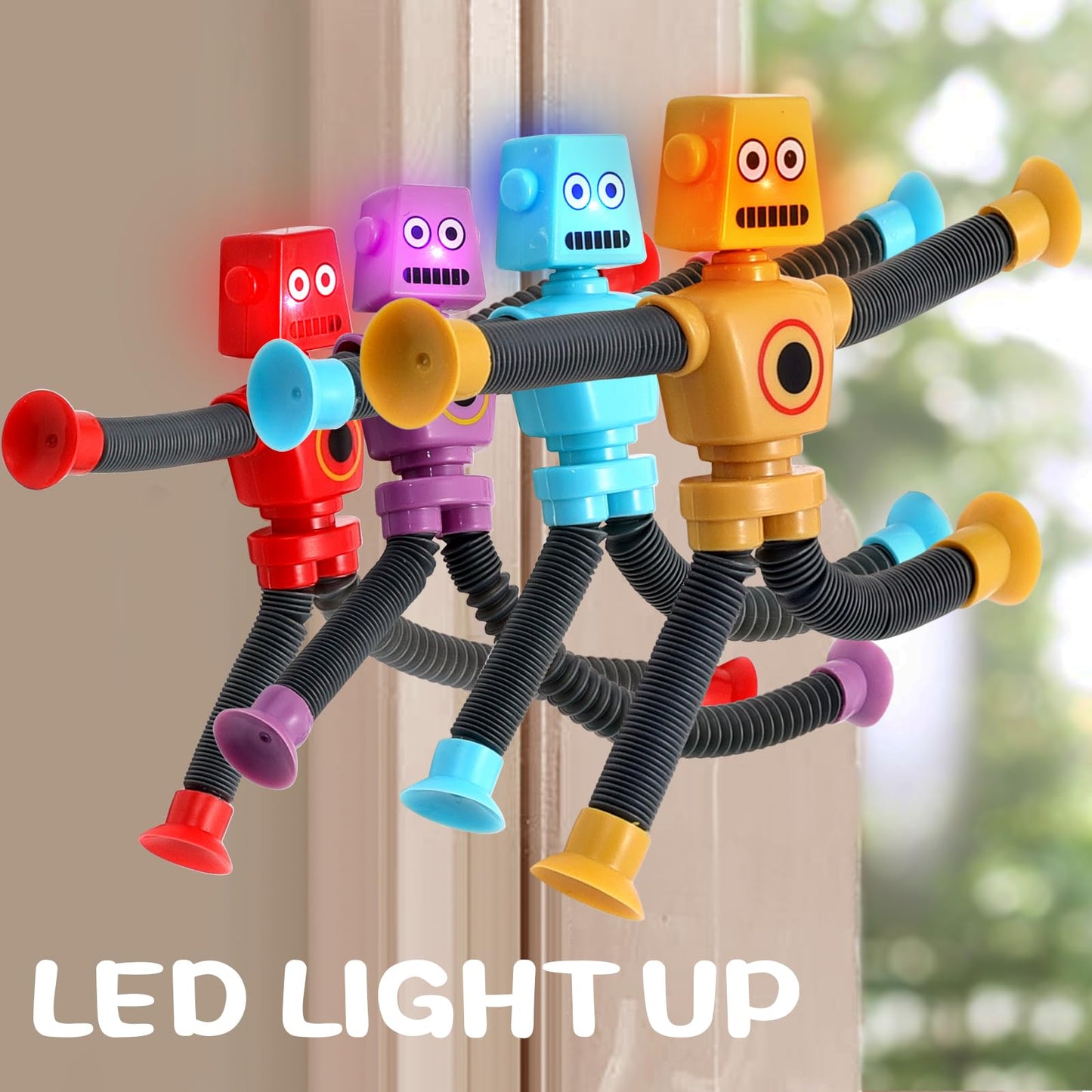 Pop Tubes Led Robot 4 Pcs Light Up Fidget Tubes Sensory Toys Robot Telescopic Suction Cup, Toddler Autism Stress Relief Toys Sto