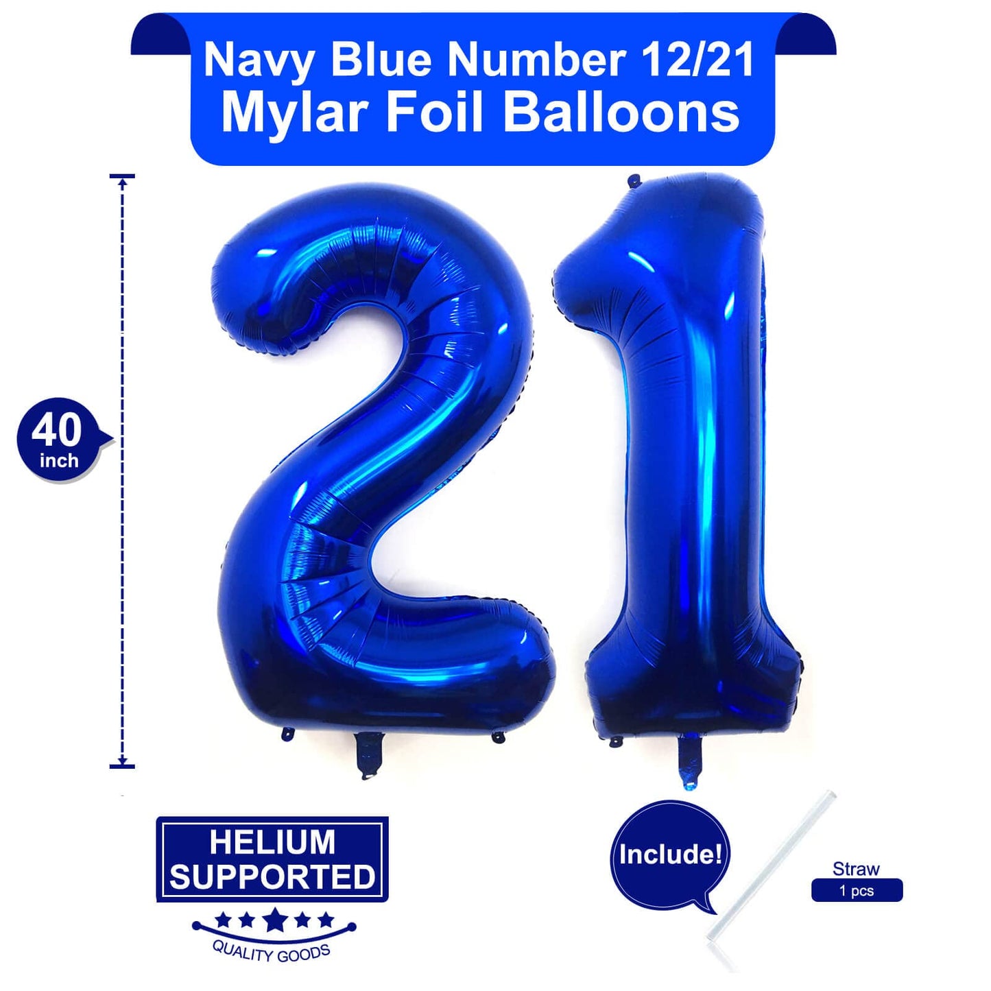 LHOAVWE 40 Inch Navy Blue 21 Number Balloons - Jumbo Foil Mylar Helium Digital Birthday Decorations for 12th & 21st Anniversaries