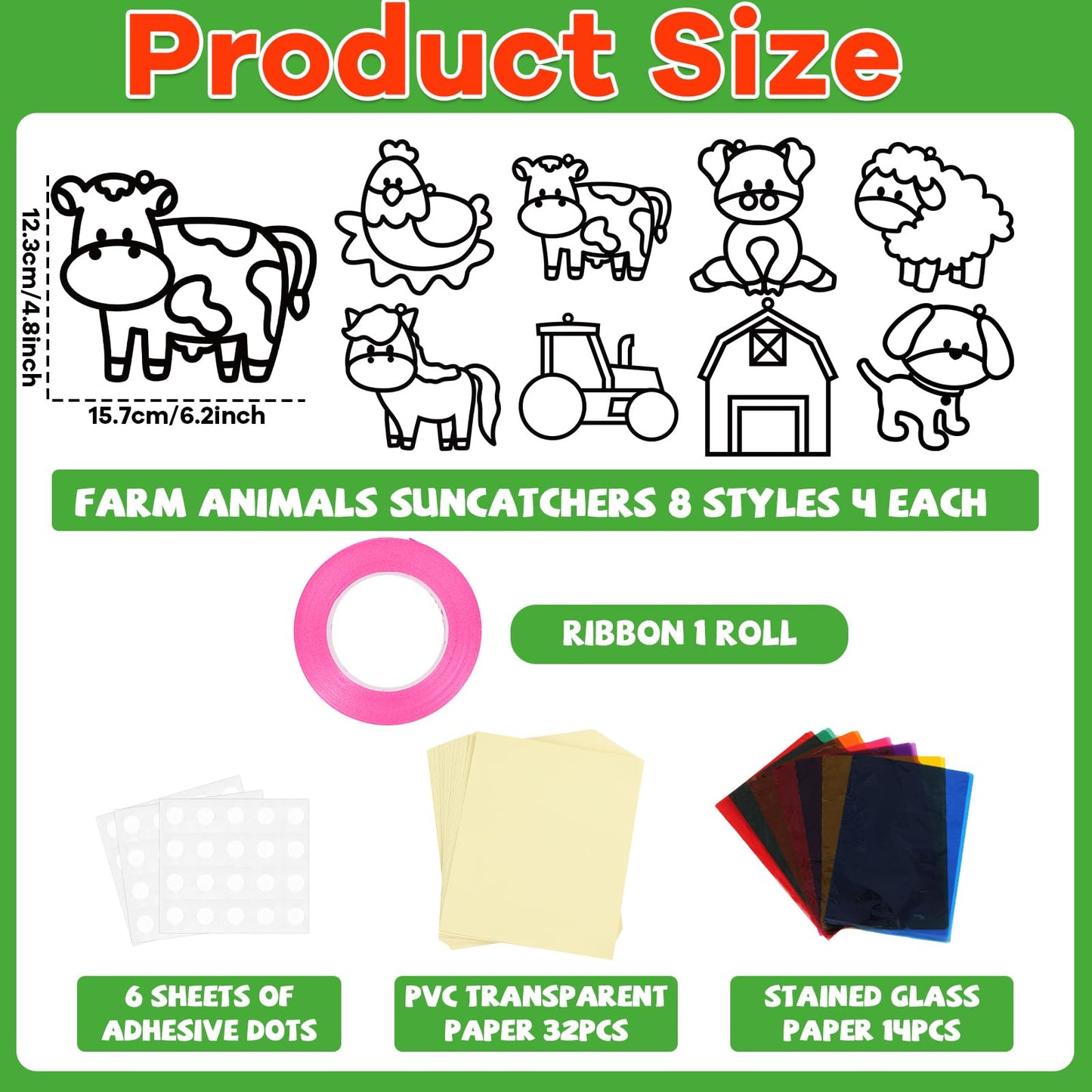 QOUBAI 32 Sets Farm Animals Suncatchers Craft Kit - Colorful Paper DIY Stained Glass Effect - Model QB1046 for Kids' Art Projects