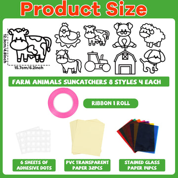 QOUBAI 32 Sets Farm Animals Suncatchers Craft Kit - Colorful Paper DIY Stained Glass Effect - Model QB1046 for Kids' Art Projects