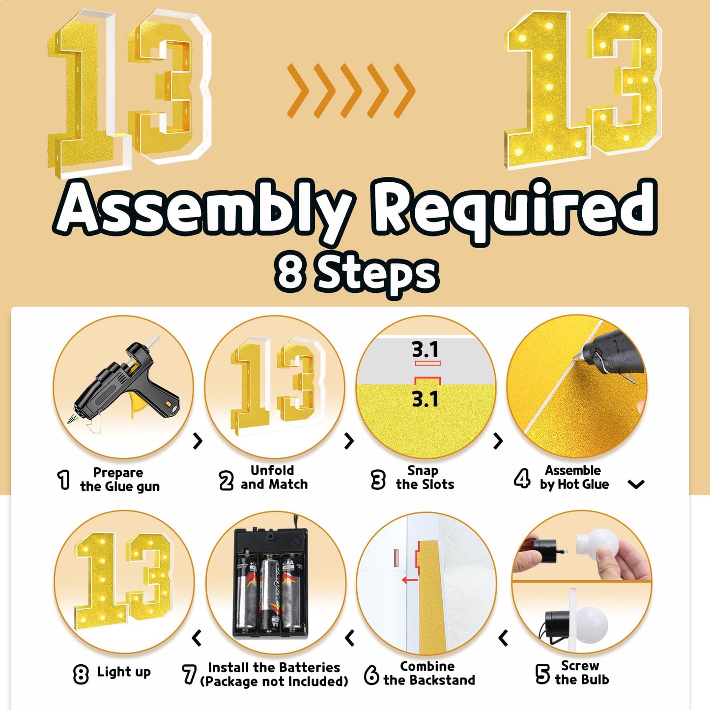 Imprsv 3Ft Gold 13Th-Birthday Decorations Numbers: 13Th Birthday Party Anniversary Decorations Large Light Up Numbers 13 For Gir