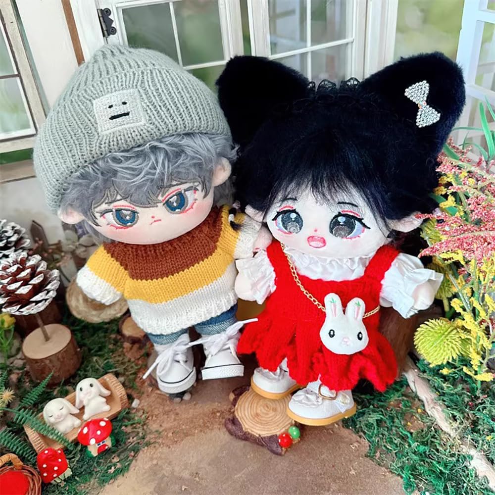 niannyyhouse 7.8in/20cm Plush Doll Clothes Hat + Sweater + Shorts 3-Piece Set Doll Dressup(Grey+Blue)