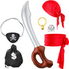7 Pcs Pirate Costume Accessories for Kids  Pirate Eye Patch Head Bandana Red Sash Inflatable decorative replica blade Earring Skull Ring Coin Bag Halloween Dress up Set for Role Play Party