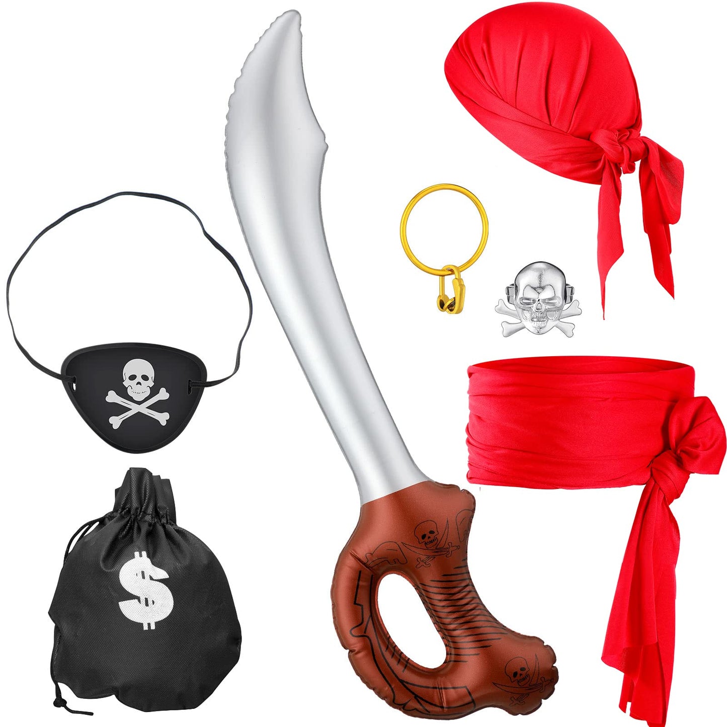 7 Pcs Pirate Costume Accessories for Kids  Pirate Eye Patch Head Bandana Red Sash Inflatable decorative replica blade Earring Skull Ring Coin Bag Halloween Dress up Set for Role Play Party