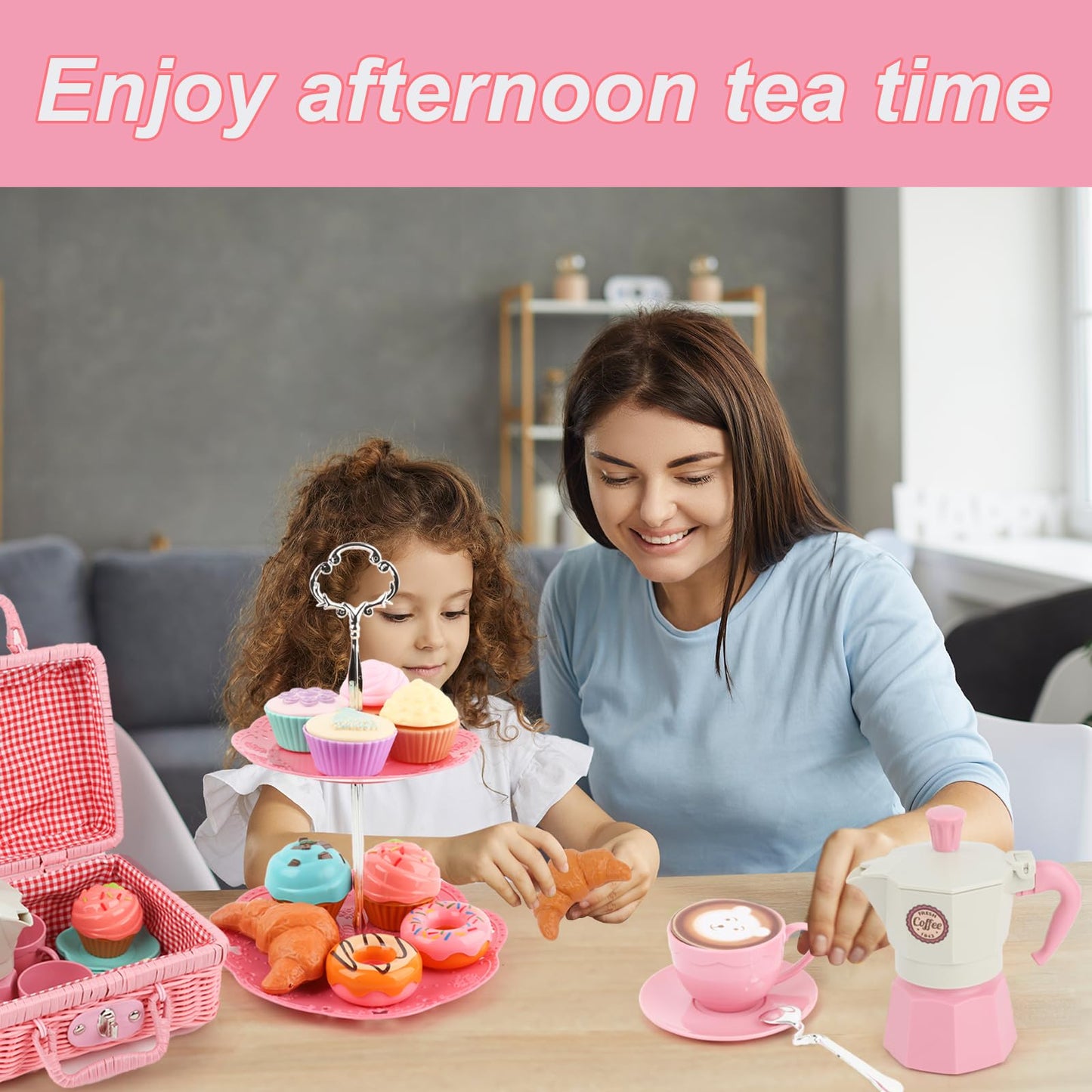 Viwulute Afternoon Tea Toys Set Pretend Play Food Toys for Toddler Girls, Party Tea Playset Toy Gifts for 3 4 5 6 Year Old Girl
