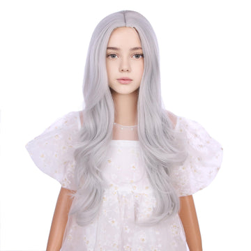 Duduwig Girls Silver Gray Wig Child Long Silver Grey Middle Part Wig Kids Long Silver Gray Wavy Curly Wig Heat Resistant Synthet