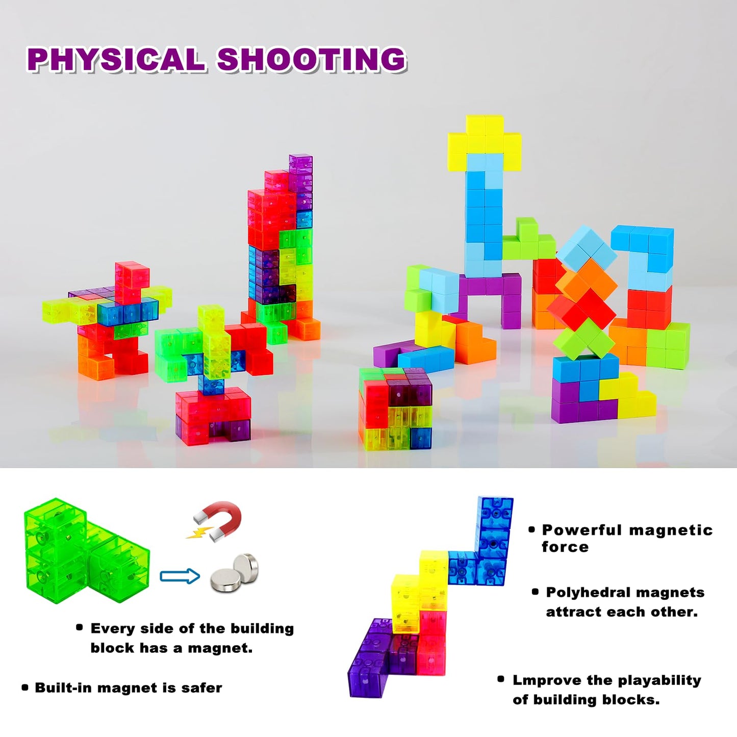 Ouxia Magnetic Building Blocks Magic Magnetic 3D Puzzle Cubes, Set Of 14 Multi Shapes Magnetics Blocks With 108 Guide Cards,Pare