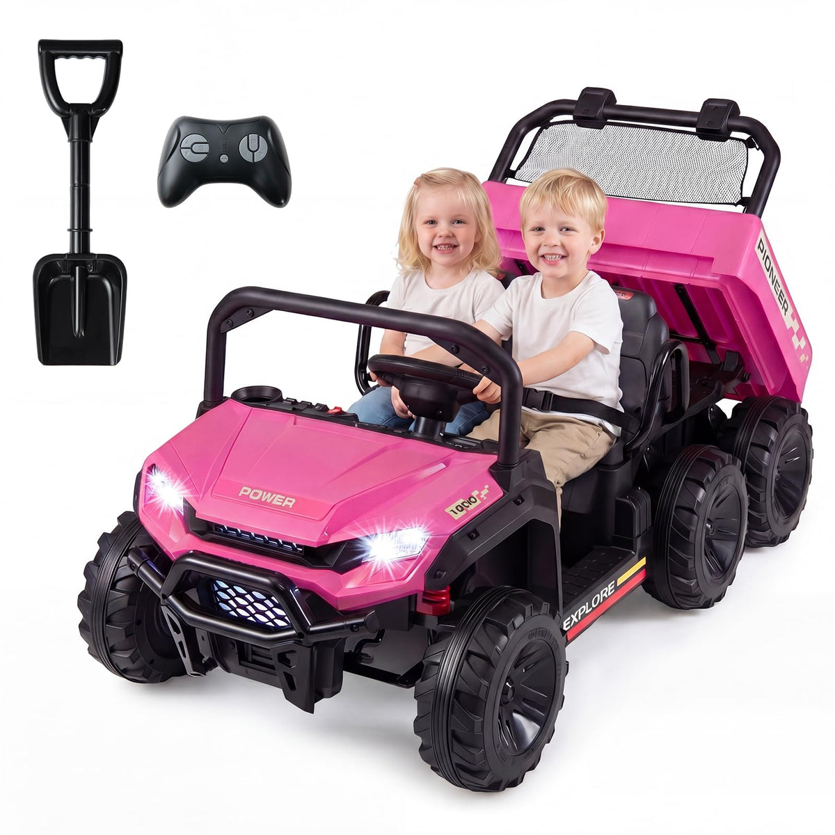 OLAKIDS 24V 2 Seater Ride on Dump Truck, 4WD Battery Powered Kids UTV with Remote Control, Electric Dump Bed, Spring Suspension,