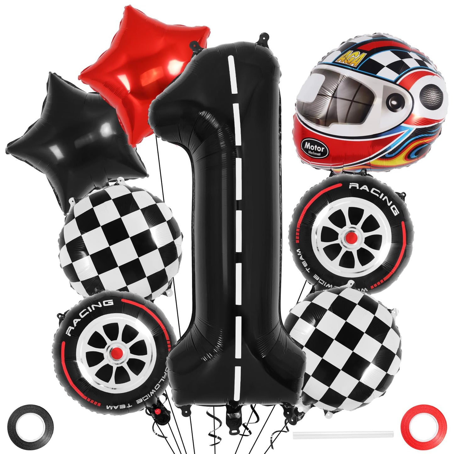 Race Car 1 Balloons, 40 Inch Racetrack Number 1 Balloon, Large Foil Mylar Racetrack Black 1 Balloon For 1St First Birthday Race