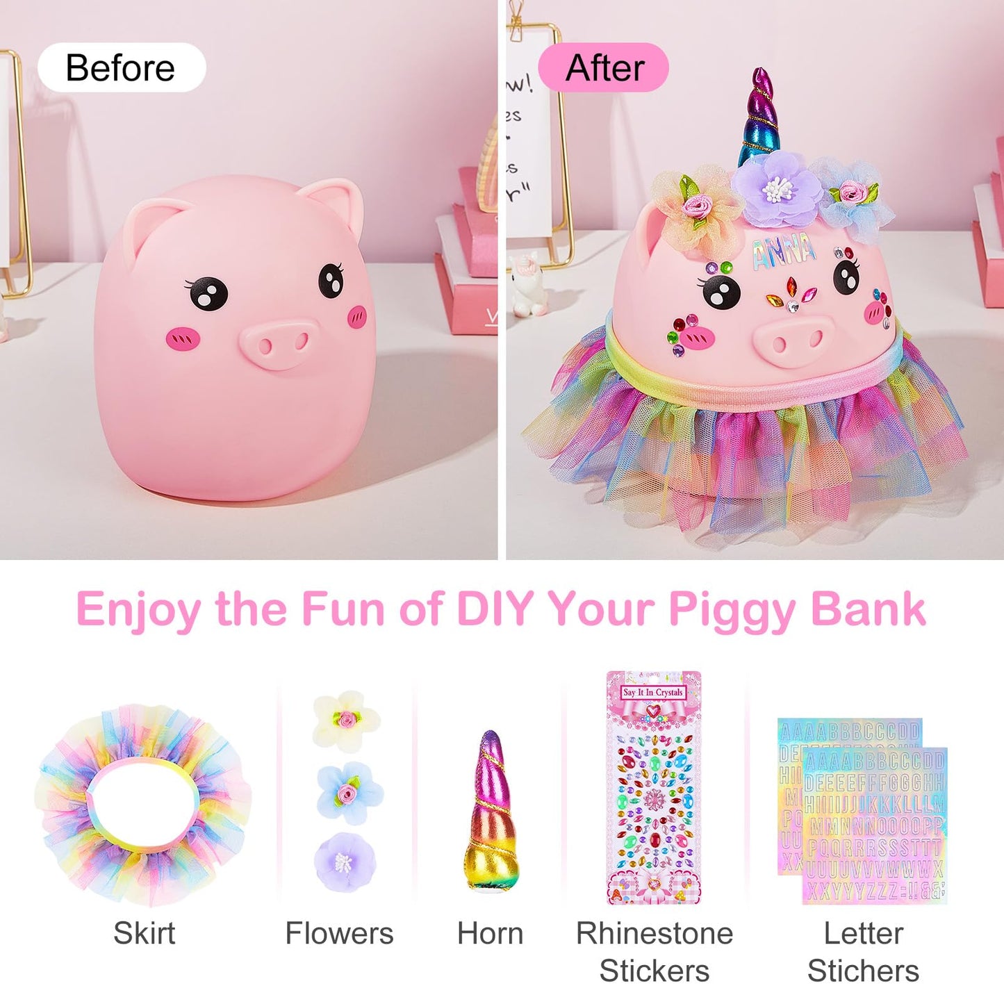 Piggy Bank For Kids Girls, Unbreakable Money Coin Bank With Flower Alphbet Sticker And Money Saving Challenge Cards