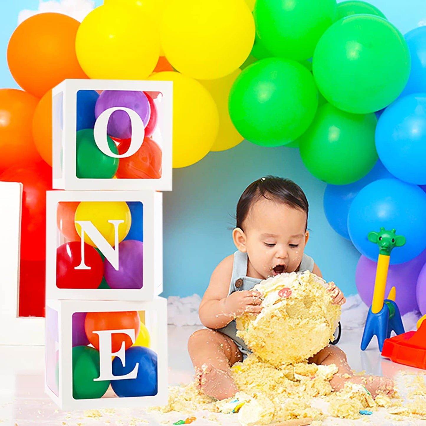 TGMMC First Birthday Decorations - ONE Balloon Boxes with Rainbow Balloons, Cartoon Watermelon Theme, Cake Smash Photo Props