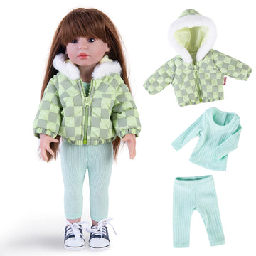 Rakki Dolli Doll Clothes 3 Pc. Set Light Green Grey Plaid Hooded Thick Coat Checkerboard Jacket With Long Sleeve, Warm Doll Outfit Hoodie Snowsuit Fits For 18' Dolls (Doll & Shoes Not Included) 013