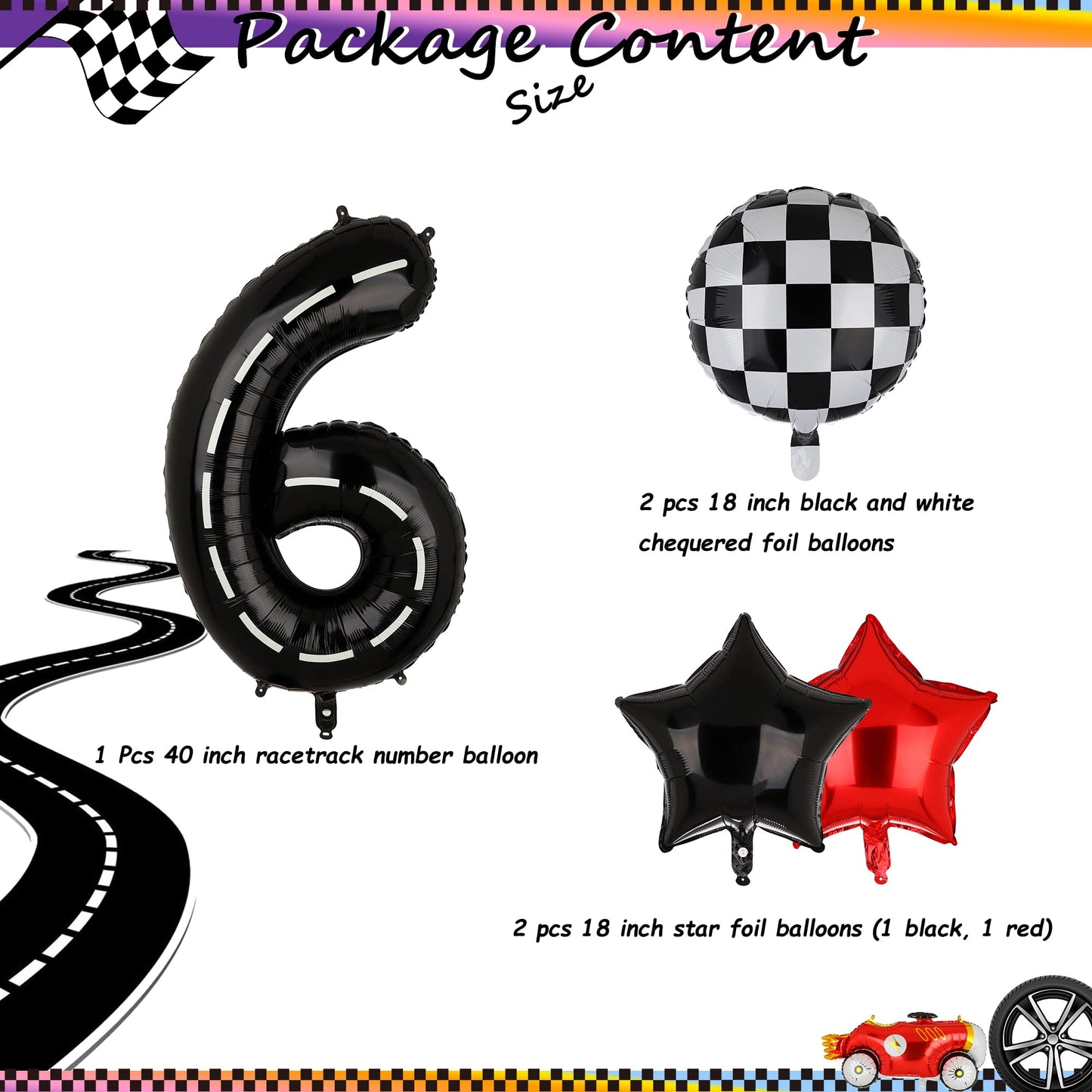 Race Car Birthday Balloons 40 Inch Racetrack Number Balloon 6 Black Boys 6St Birthday Race Car Theme Party Decor Supplies 5 Pcs