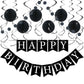 LITAUS, Birthday Decorations, NO DIY - Pack of 16 | Black Happy Birthday Banner, Honeycomb Balls, Swirls, Garland | Happy Birthd
