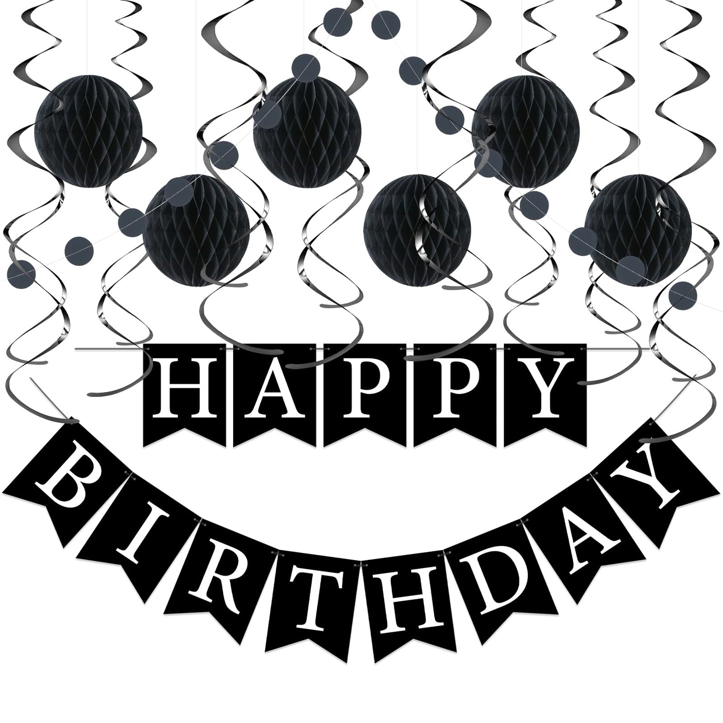 LITAUS, Birthday Decorations, NO DIY - Pack of 16 | Black Happy Birthday Banner, Honeycomb Balls, Swirls, Garland | Happy Birthd