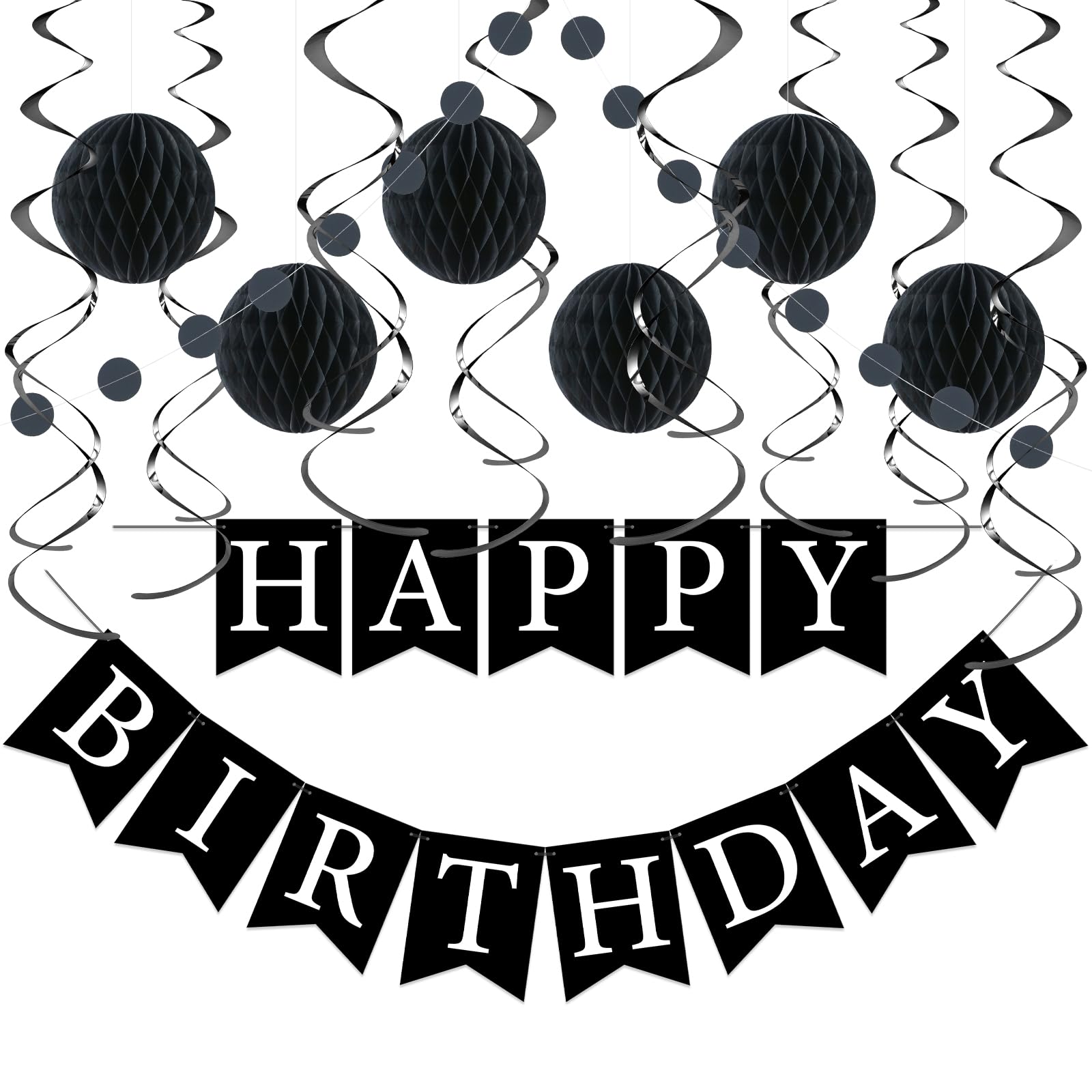 LITAUS, Birthday Decorations, NO DIY - Pack of 16 | Black Happy Birthday Banner, Honeycomb Balls, Swirls, Garland | Happy Birthd