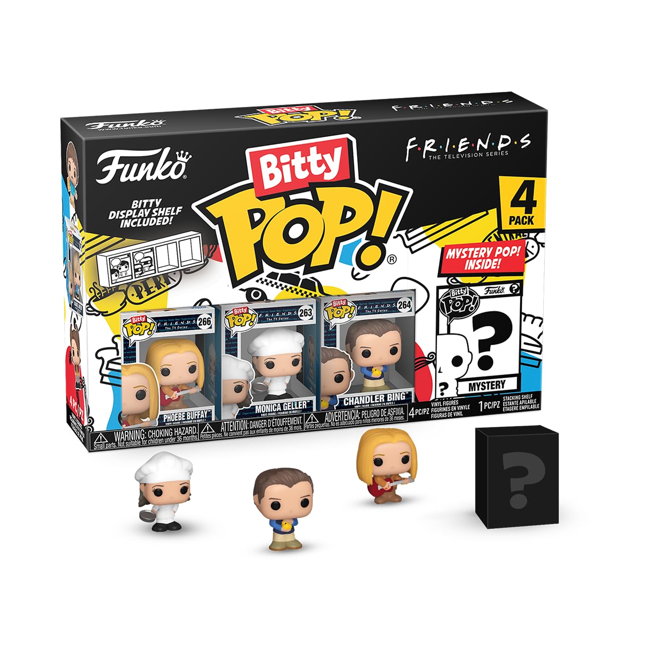 Funko Bitty Pop! Friends - Phoebe, 4-Pack And A Surprise Mystery Mini Figure - 0.9 Inch (2.2 Cm) Collectable - Stackable Display Shelf Included - Gift Idea - Party Bags Stocking - Cake Topper