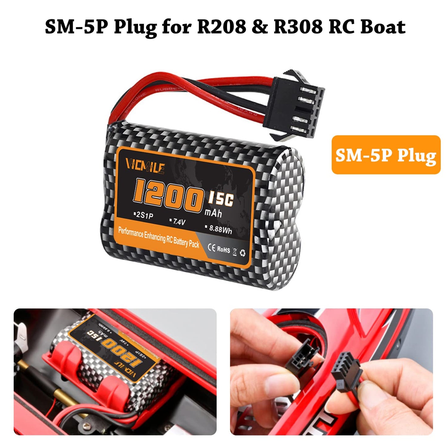 VICMILE 7.4V 1200mah Li-ion Battery 2S 15C RC Boat Batteries R208 R308 Battery Fit for High Speed Remote Control Boats 2Pack wit