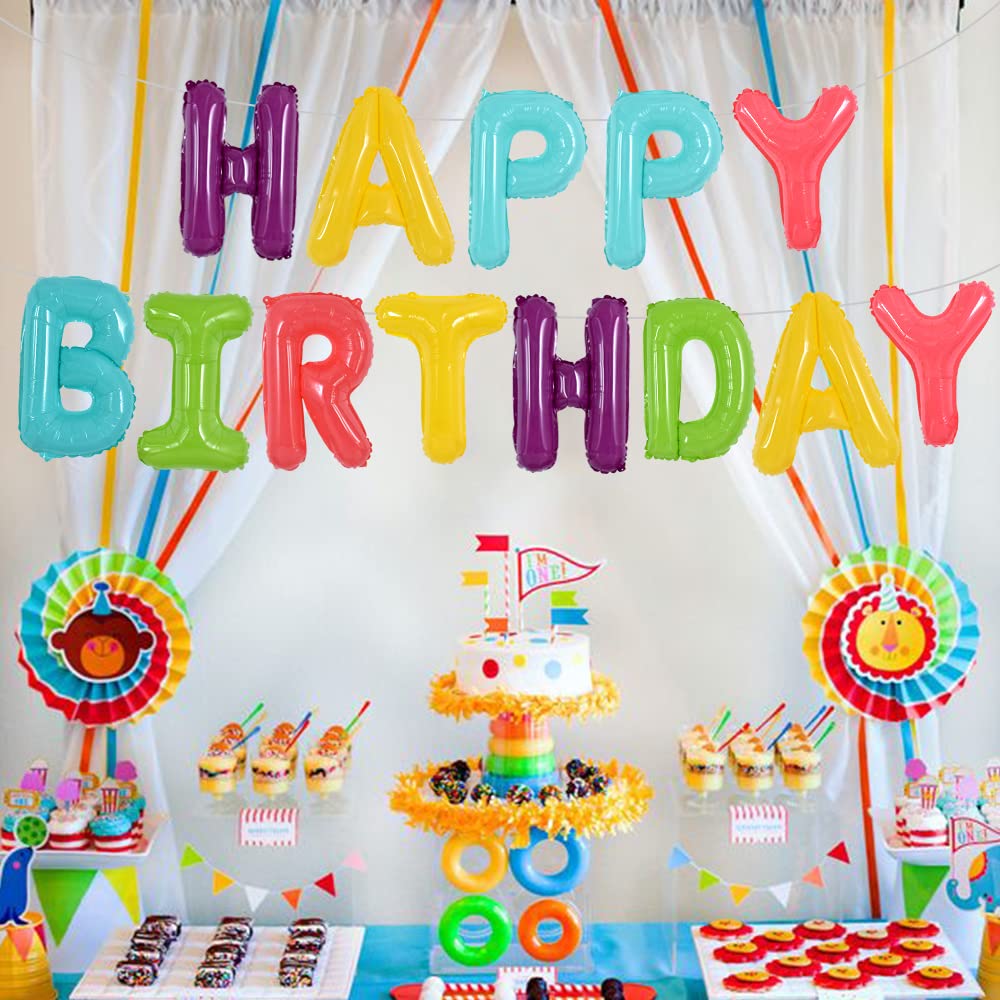 TONIFUL Coloful Macaron Rainbow Happy Birthday Balloons Banner with Ribbon Straw, 16 Inch Mylar Foil Letters Birthday Sign Bunti