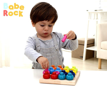 Babe Rock Wooden Color Sorting Stacking Rings Board Educational Learning Counting Toys Puzzle Games For 1 Year Old Preschool Kid
