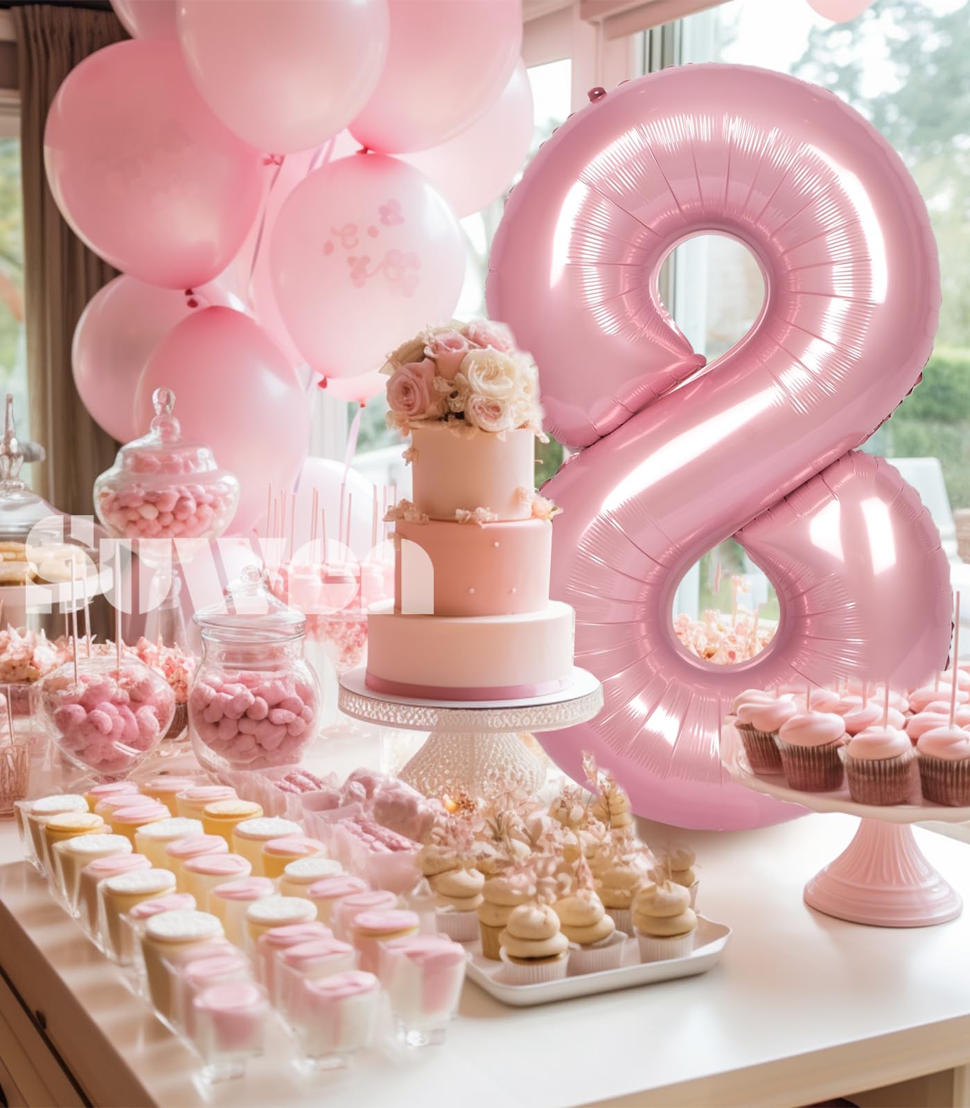 SUWEN 40 Inch Pink Foil Number 8 Balloon, Jumbo Mylar Birthday Party Decoration, Vinyl, 0-9 Happy 8th Anniversary Supplies