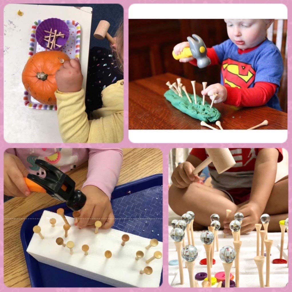 Kihaco Hammering And Pounding Toys For Kids Include 1 Wood Hammer And 30 Bamboo Nails Improve Fine Motor Skills Friendly Natural Wooden Educational Montessori Toy For Childs Diy Birthday Gift For 4+