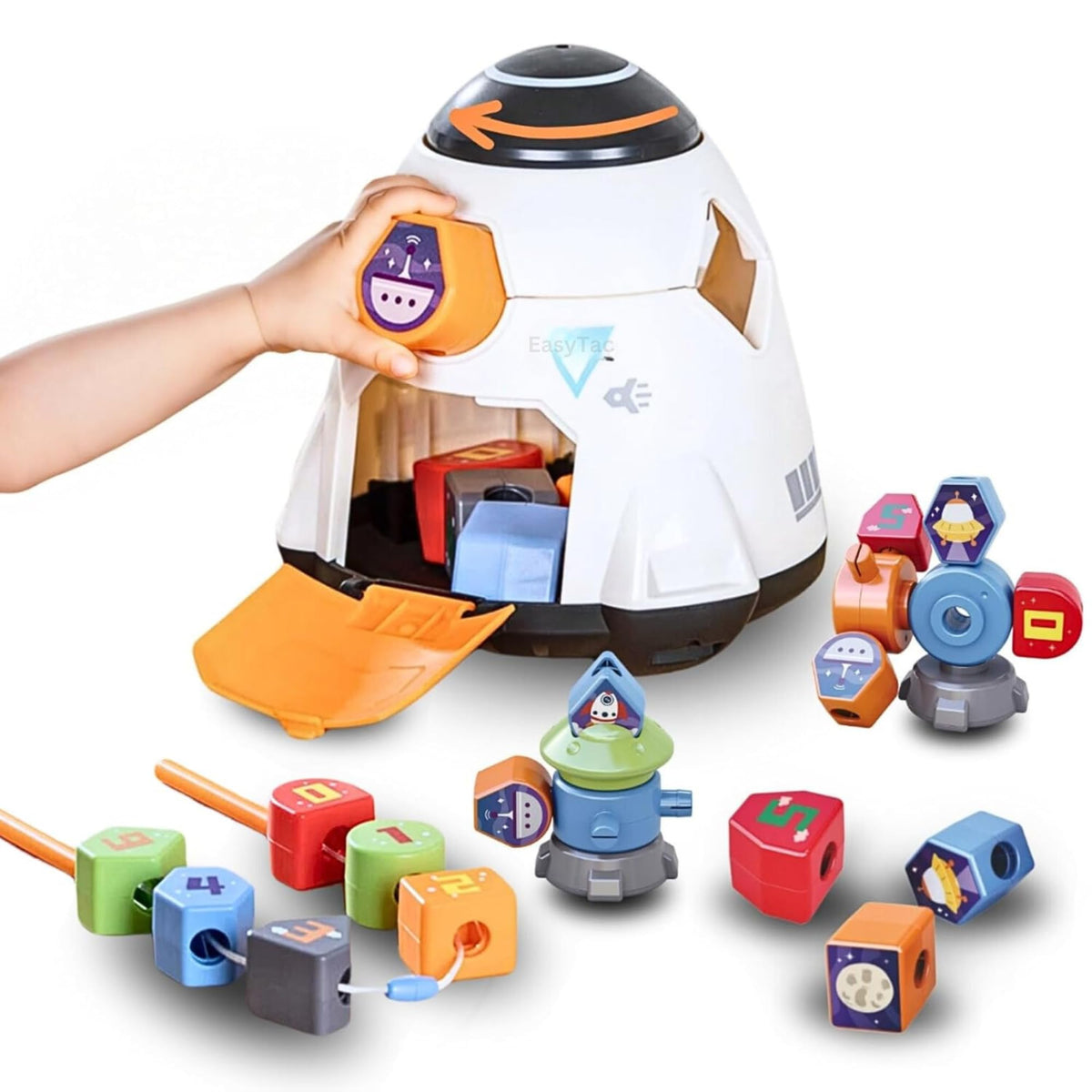 EasyTac Montessori Spaceship Toy for Toddlers  Fine Motor Skills, Sorting, Stacking & Building Blocks, Lacing Beads Playset  I