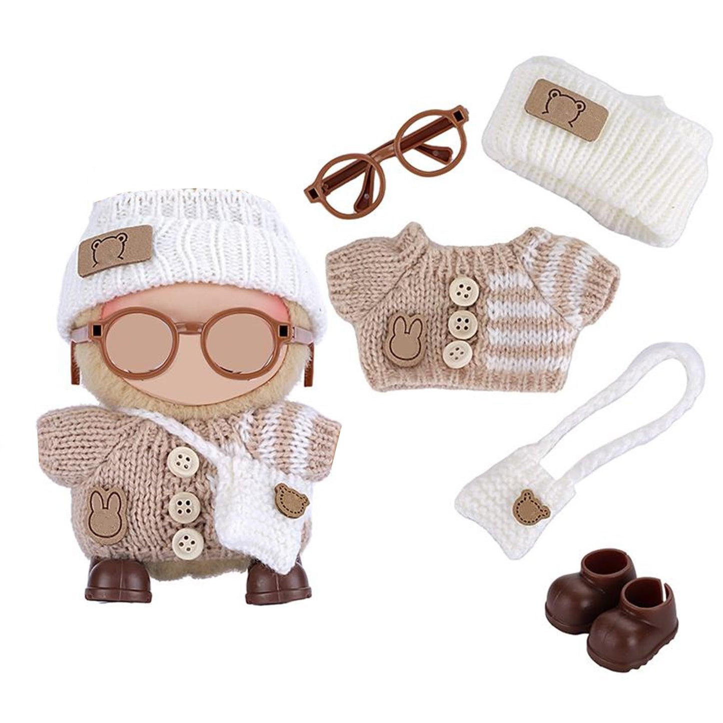 Ezcora Knitting Outfit Set for 17cm Dolls  4 Cozy Sweaters with Hats  Shoes  Glasses Bags  6.7-Inch Doll Accessories  Gift Idea (No Dolls)