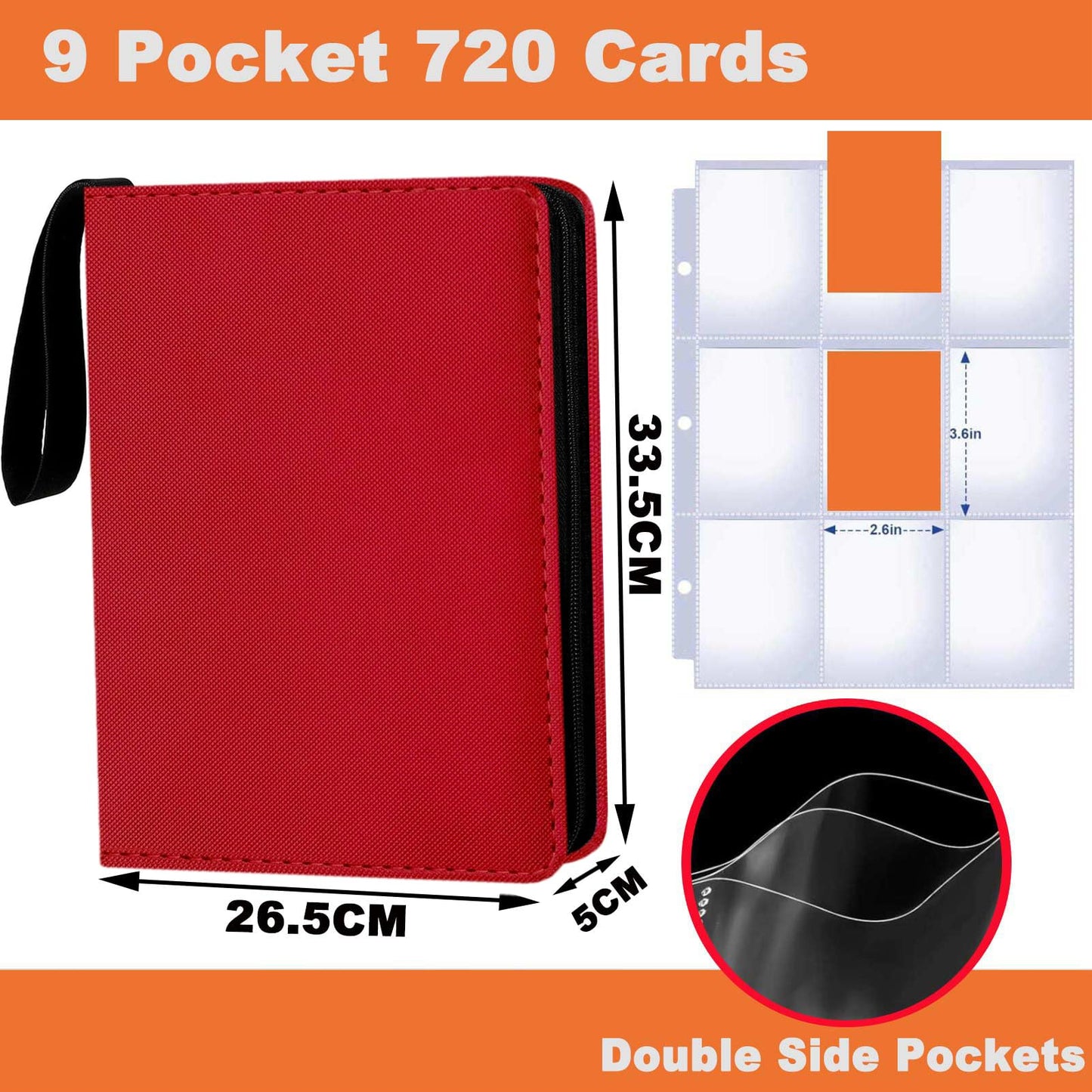 Card Binder 9 Pocket enhanced Zipper Trading Card Album 720 Cards Folders for Collectible MTG TCG Sports Cards Binder (Red)