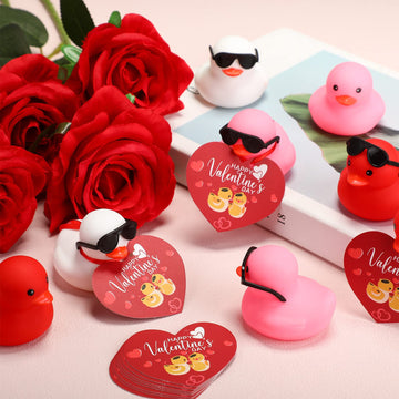 Chivao 24 Pcs Valentine Rubber Ducks With 24 Sunglasses And 24 Heart Gift Card Rubber Ducky Bath Toy Heart Ducks For Birthday Pa