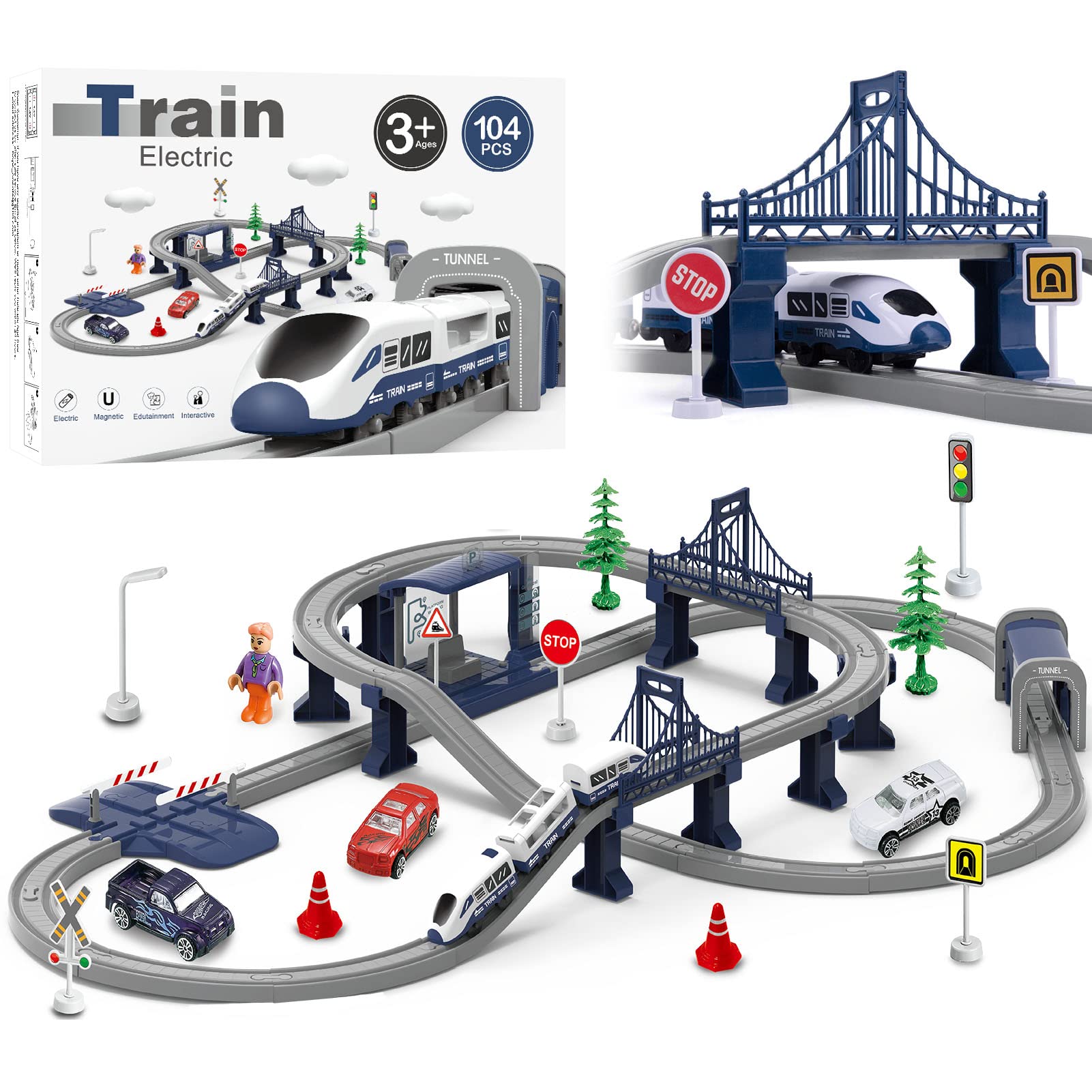 Train Sets For Boys 4-7, 66 Pcs Battery Operated Train Set With Tracks(Magnetic Connection), Compatible With Thomas, Brio, Chuggington, Gifts For 3 4 5 6 Years Old (City)