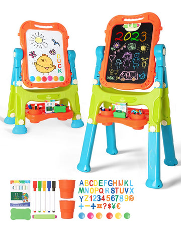 Lehoo Castle Easel For Kids, 4 In 1 Double Sided Kids Art Easel With Magnetic White Board & Chalk Board, Adjustable Standing Toddler Easel With Drawing & Writing Accessories - Gift For Boys And Girls