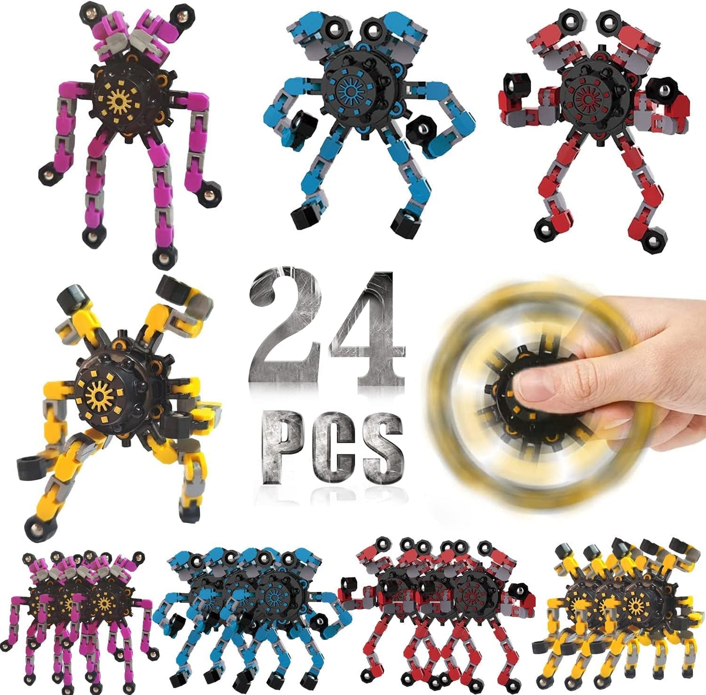 24 Pack Funny Sensory Fidget Toys,Deformable Chain Diy Robot Spinners Fingertip Stress Relief Gyro Toy Birthday Gifts Goodie Bag Easter Basket Stuffers Classroom Prizes Party Favors For Kids Adults
