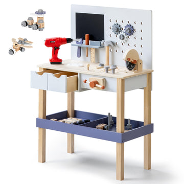Wooden Kids Tool Bench with Electric Drill, Toddler Tool Bench with Storage Drawers and Platform, Toy Workbench Workshop with Pl