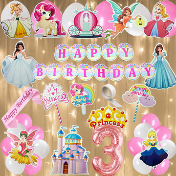 Fi  Flick In 50 Pcs Happy 3Rd Birthday Decoration Kit For Girls Car Castle Cutouts Princess Sash Led Light Princess Birthday De