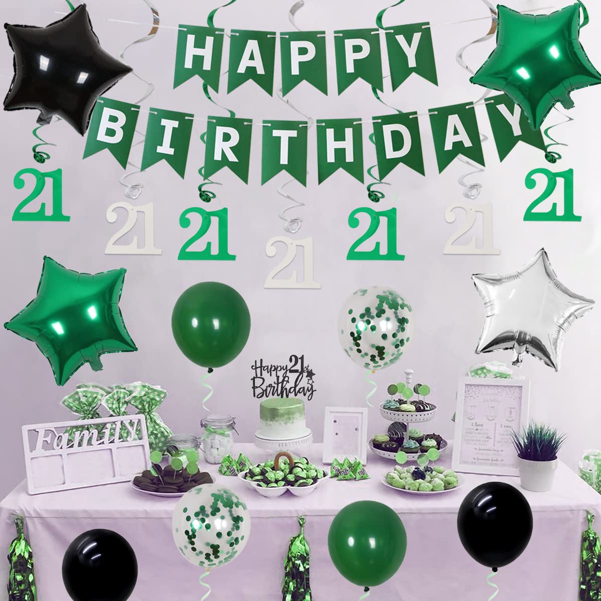 Cheereveal 21St Birthday Decorations For Her Him Green And Black Happy Birthday Banner Cake Topper Number 21 Foil Balloon Hanging Swirls For 21 Year Old Birthday Party Supplies