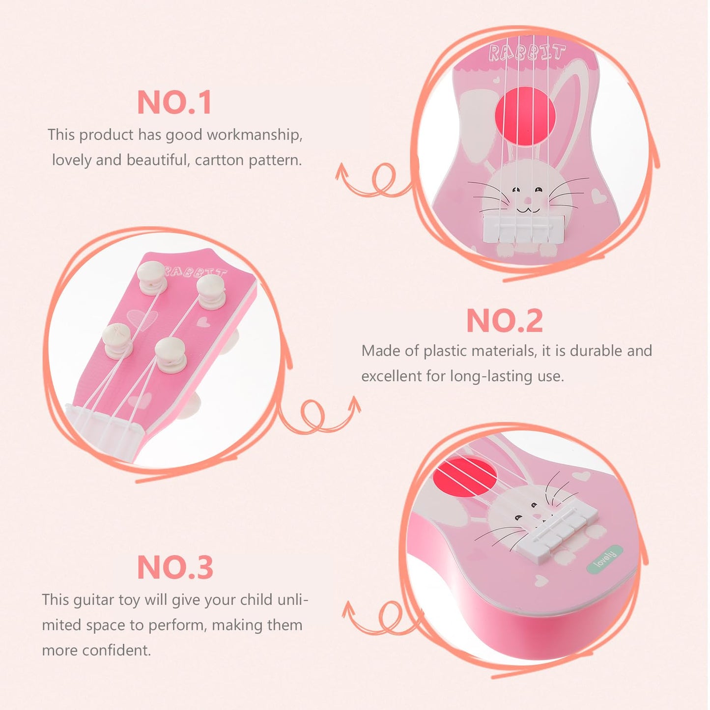 Generic Guitar Toy Pink Rabbit Early Educational Instruments 4 Strings Ukulele Toy Musical Instrument Toy Gift for Toddlers Kids