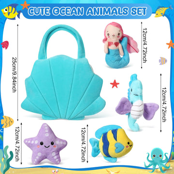 Syhood 5 Pieces Ocean Stuffed Animals Plush Set Include 1 Shell Carrying Bag Toy Set With Small Mermaid Seahorse Starfish Fish Sensory Toy For Boys And Girls Huggable Sleeping Holiday Birthday Gifts