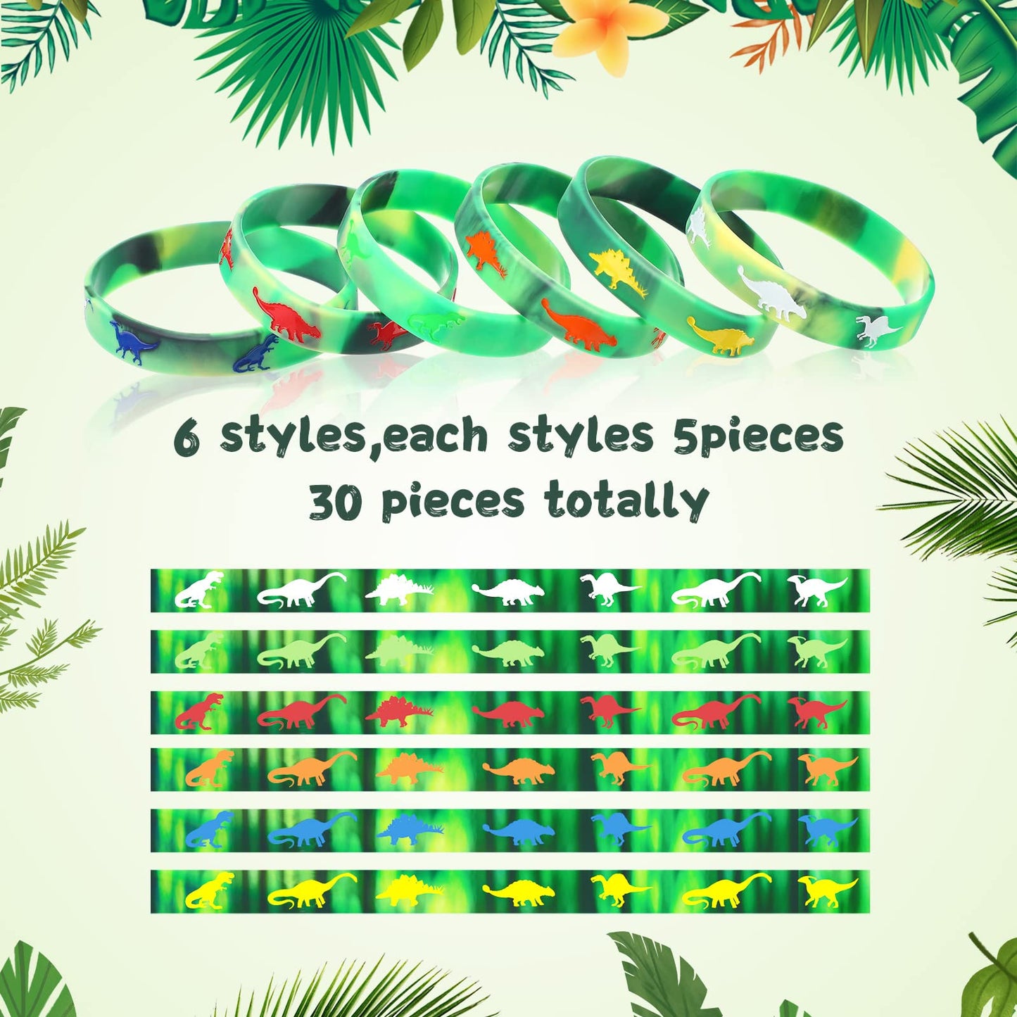 30 Pack Dinosaurs Silicone Wristbands Dinosaurs Wristband Bracelets Dinosaur Party Favors Bracelet Gifts Bag Stuffer for Jungle